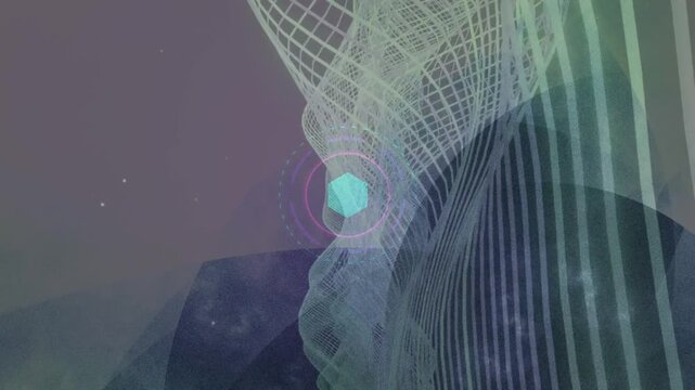 Abstract digital cube floating inside a rotating wireframe structure