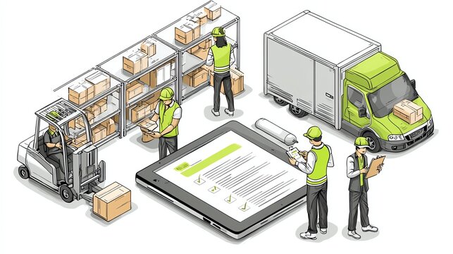 Driver signing digital delivery confirmation with warehouse staff