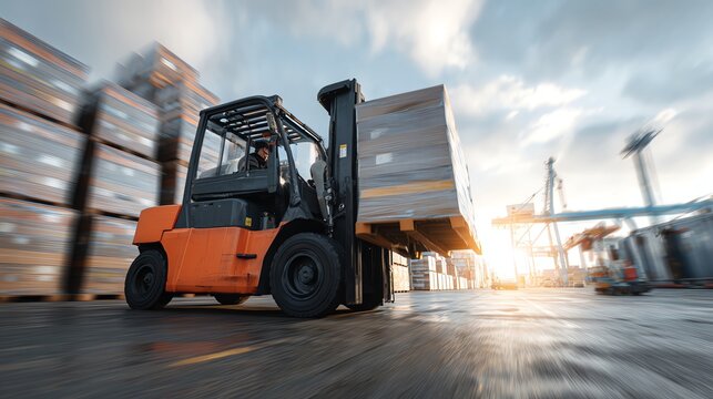 Forklift operator moving goods toward air freight terminal