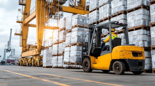 Forklift operator moving goods toward air freight terminal