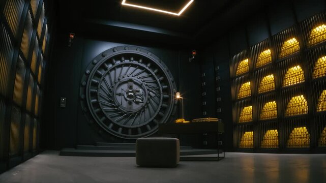 Bank Vault Room with Massive Steel Door and Gold Bars &mdash; Dark Secure Treasury Interior with Surveillance Cameras and Neon Ceiling Light