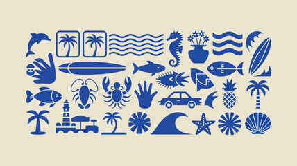 A playful collection of blue icons depicting a vibrant summer seaside scene © Outline Icon Set