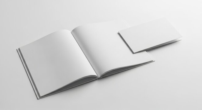 Open blank white book and folded brochure mockup on light gray