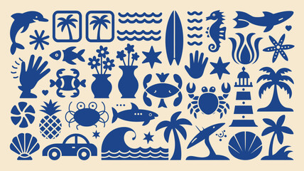 A vibrant blue illustration depicting a collection of ocean and tropical elements © Outline Icon Set