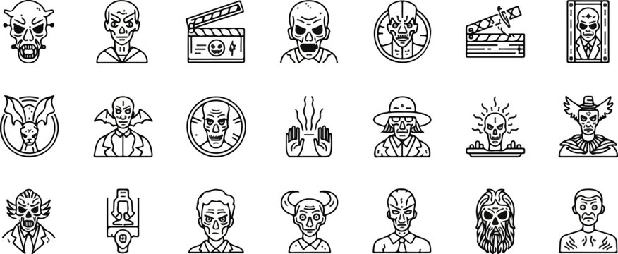 Horror movie monster and undead character icon set, featuring zombies, vampires, ghouls, and spooky cinema elements like clapperboards in a clean black line art style.