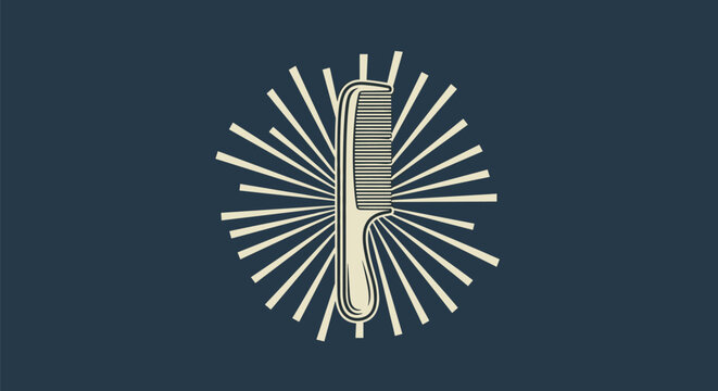 Vintage style illustration of a hair comb centered in front of a starburst or sunray pattern set against a dark blue rectangular background.