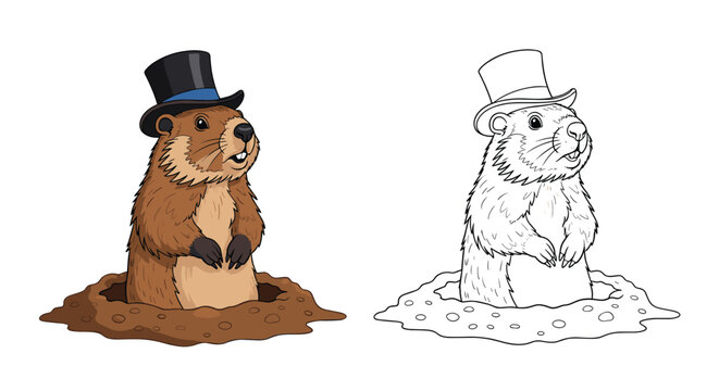Distinguished groundhog wearing a black top hat with a blue ribbon emerges from its burrow in both color and line art versions.
