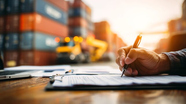 Logistic analyst reviewing customs clearance documents