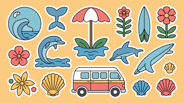 Colorful summer stickers featuring ocean life surfing and a retro van