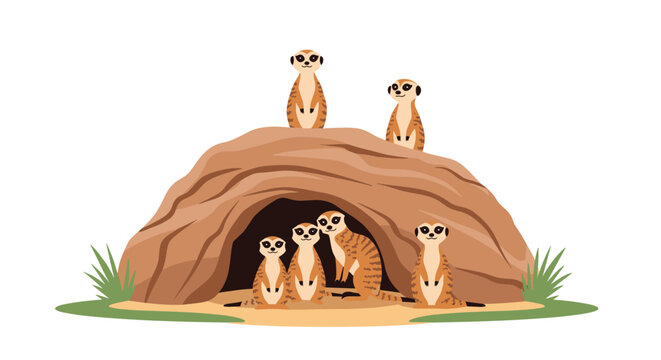 Family of meerkats stands alert outside and inside their burrow in a desert landscape for nature and wildlife education projects.