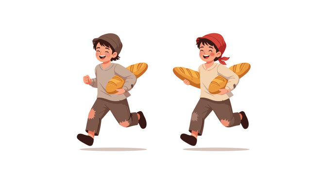 Two poor young boys in tattered clothes run happily while carrying large loaves of bread representing hope and basic needs.