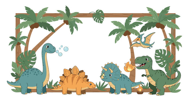 Colorful variety of dinosaurs including long-neck and triceratops types inhabit a tropical jungle with palm trees and leaves.