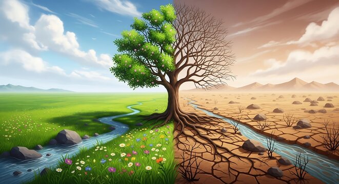 A stark visual representation of climate change impact the eco awareness concept showing a tree thriving in lush greenery and dying in arid desert