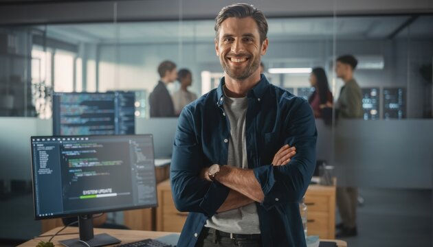 Confident Programmer in Tech Office: A smiling man with crossed arms, a confident programmer, stands in a modern tech office.