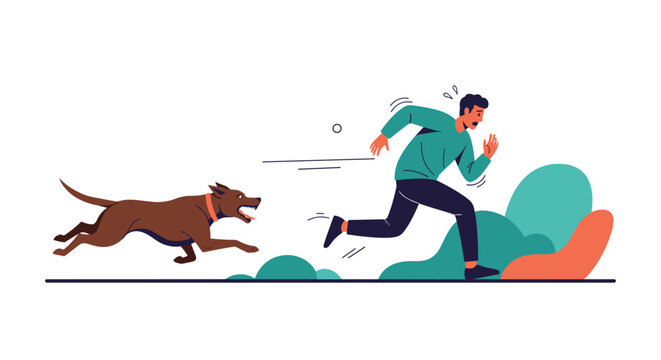 Scared man running away in panic and fear from a brown aggressive barking dog in a bright outdoor park setting.