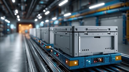 Naklejka premium Modular containers moving through automated logistics corridor toward illuminated chamber
