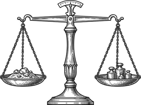 Antique scale weighing soil and rocks against metal weights engraving