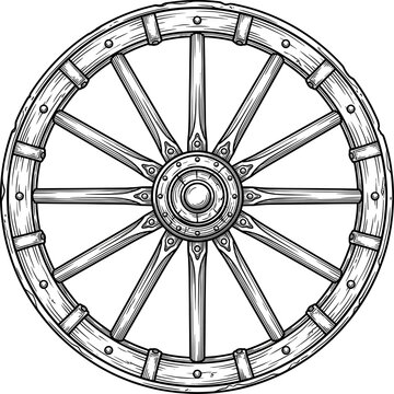 Antique wooden wagon wheel with spokes and iron rim detail
