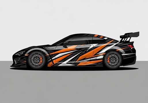 Modern sports car with orange racing vinyl wrap side view
