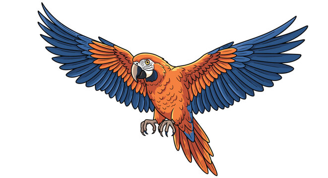 Vibrant scarlet macaw parrot with colorful red orange and blue feathers soaring through the air with its wings spread wide.