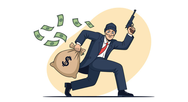 Male bank robber wearing a suit and black mask running away with a large money bag and holding a vintage revolver.