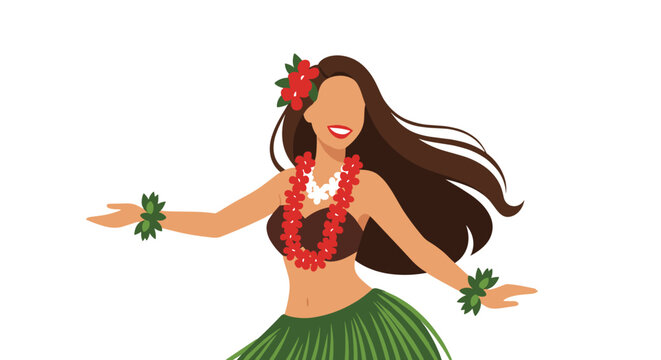 Beautiful hula dancer woman with long brown hair wearing a grass skirt and red flower garlands dancing gracefully.