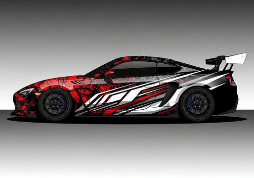 Modern sports car with red and black graphic wrap
