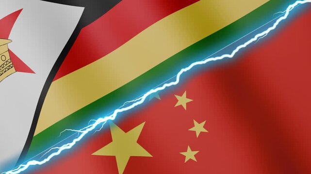 Two waving flags Zimbabwe and China with diagonal lightning seamless, 4k loop
