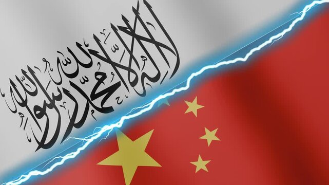 Two waving flags Afghanistan and China with diagonal lightning seamless, 4k loop