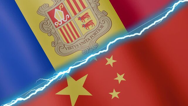 Two waving flags Andorra and China with diagonal lightning seamless, 4k loop