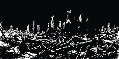Fototapeta premium Black and white illustration of a destroyed city skyline with ruins in the foreground