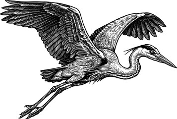 Fototapeta premium Elegant heron gliding through the air with outstretched wings illustration