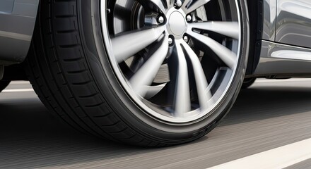 Obraz premium Action Shot, Car Tire, Urban Road, Photograph, Daylight, Close-up View, Motion Dynamics