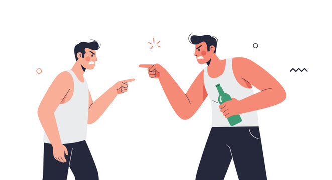 Two angry men in white tank tops arguing heatedly and pointing fingers at each other with one man holding a green bottle.