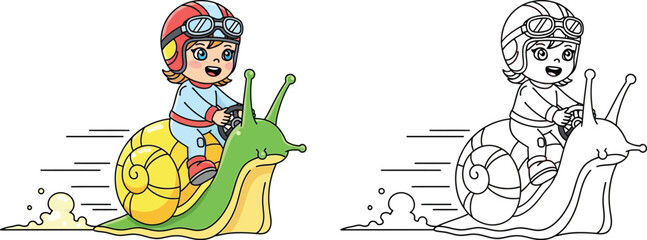 Funny Cartoon Kid Racer Riding a Fast Snail Whimsical Race