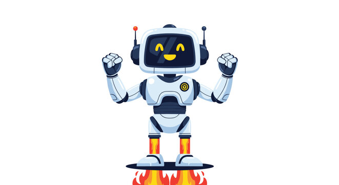 Joyful white robot with a digital face flying upwards with flames coming from its jet feet and fists raised in triumph.