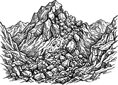 Hand drawn depiction of a rockfall landslide in high mountains