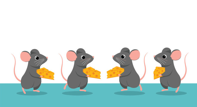 Row of four grey mice walking in a line while each one carries a large wedge of yellow cheese with holes.