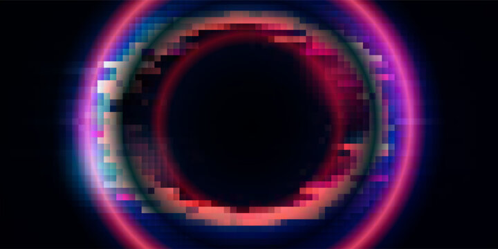 Glitch frame ring with bug distortion and cyan red digital artifacts for futuristic interface. Circular border with noise lines and data corruption effects. Cyberpunk design for tech game overlays.