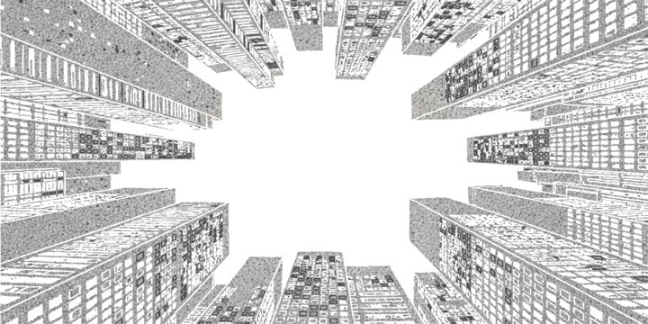 Black and white line art illustration of tall modern city skyscrapers looking up