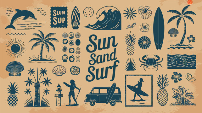 A vibrant summer collection featuring surfboards palm trees and ocean life illustrations