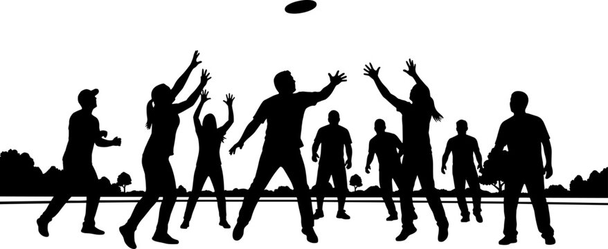 Large group of people playing ultimate frisbee in a park silhouette
