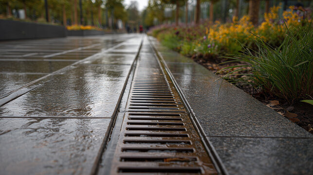 Linear metal drainage grate along wet stone walkway bordered by colorful flowers. Modern urban water runoff system, park landscaping infrastructure, rainy outdoor paving concept.