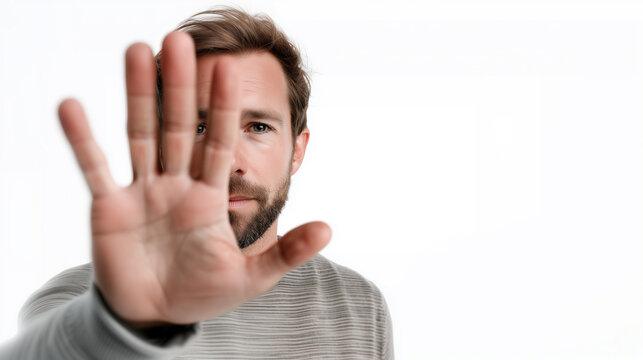 Bearded man raising blurred palm toward camera with serious expression on white background. Personal boundary, stop gesture, refusal and assertiveness concept with copy space.