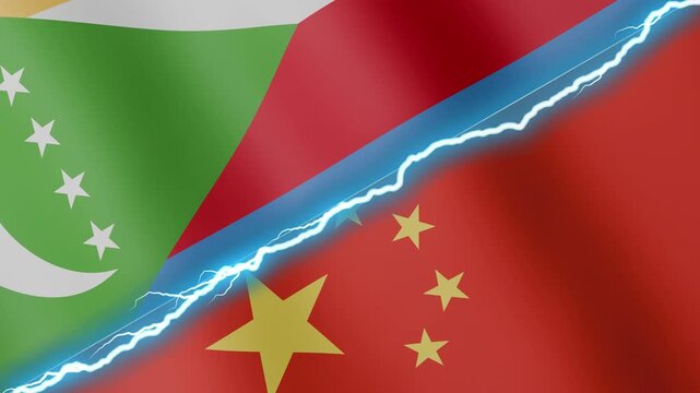 Two waving flags Comoros and China with diagonal lightning seamless, 4k loop