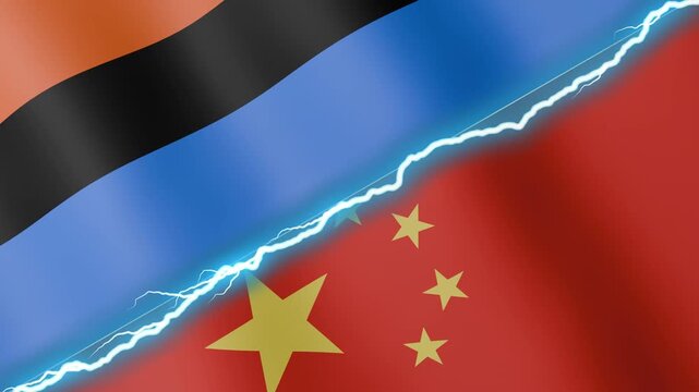 Two waving flags Chagos Islands and China with diagonal lightning seamless, 4k loop