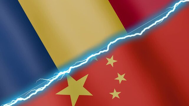 Two waving flags Chad and China with diagonal lightning seamless, 4k loop