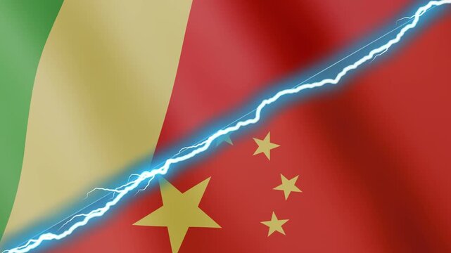 Two waving flags Congo Brazzaville and China with diagonal lightning seamless, 4k loop