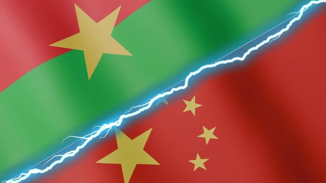Two waving flags Burkina Faso and China with diagonal lightning seamless, 4k loop