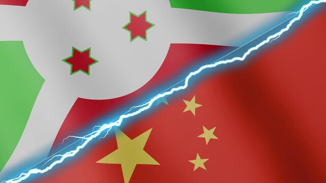 Two waving flags Burundi and China with diagonal lightning seamless, 4k loop